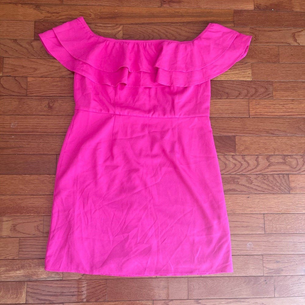 Hot pink , off the shoulder dress
